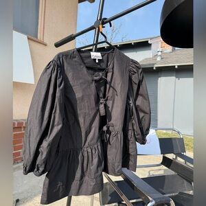 GANNI - COTTON POPLIN PEPLUM TIE BLOUSE